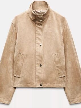 Zara High Collar Faux Suede Jacket, Taupe, XXL, Like New!